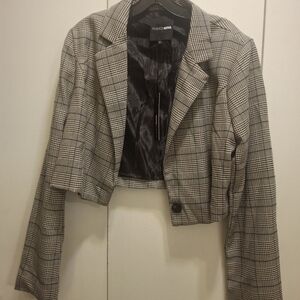 Fashion Nova Women's Checkered Cropped Blazer - Black and White